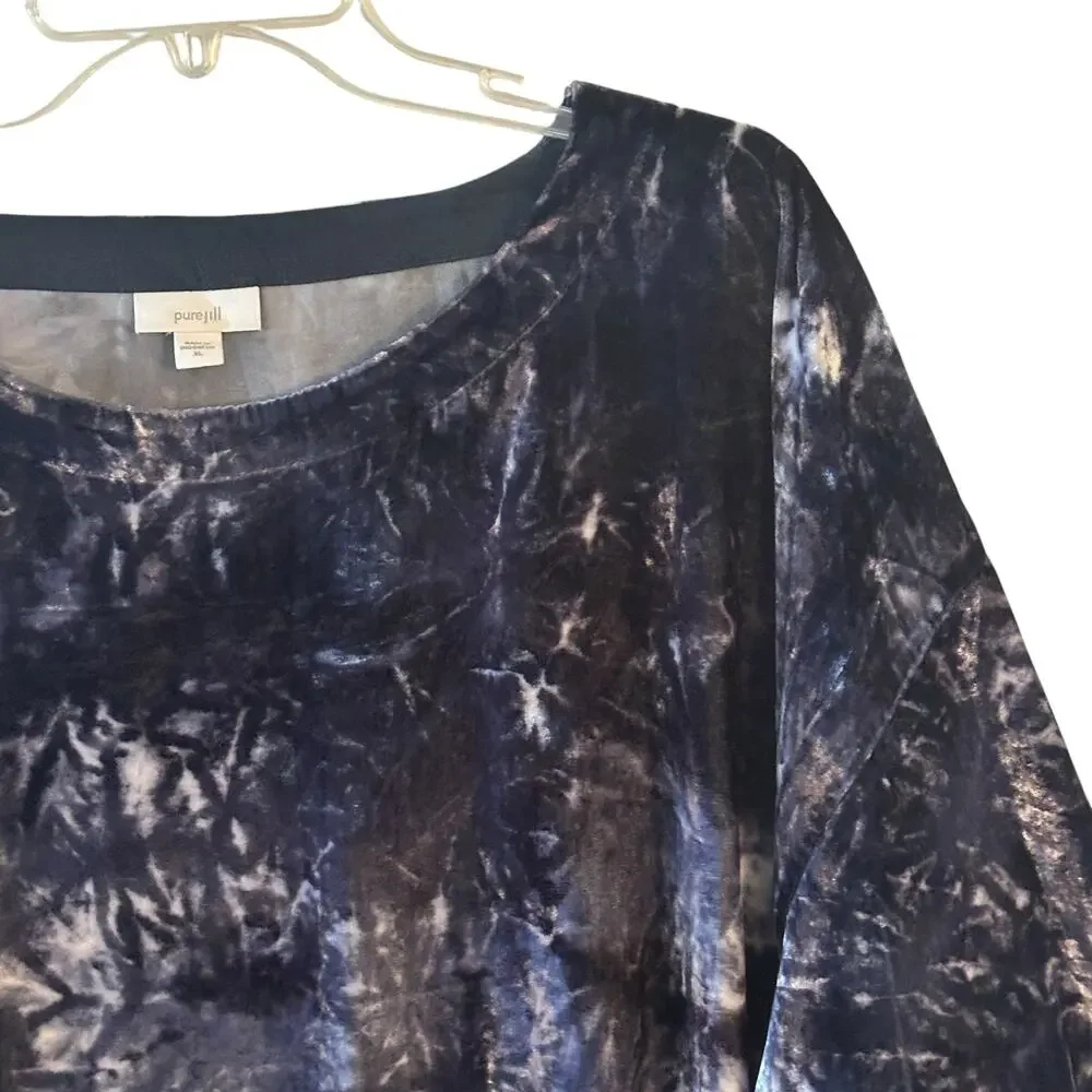 J. Jill Purejill Tie Dye Velvet Top Womens XL Blue Boxy Boat Neck Whimsygoth